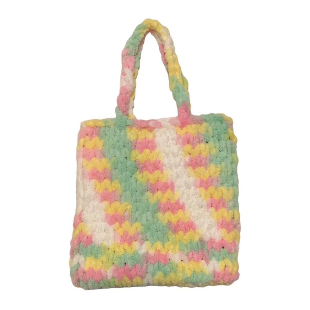 Handmade Green Pink Yellow White Marled Tie Dye Chunky Chenille Knit Tote Bag